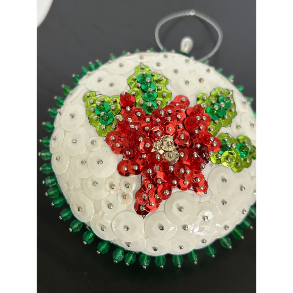 Christmas Ornament Christmas White Red Green Sequin Poinsettia Bead Collectible